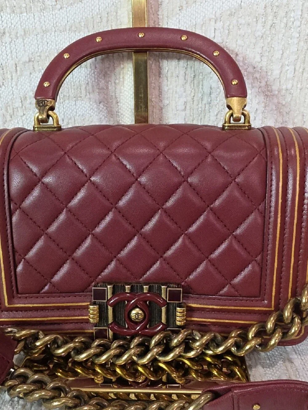 Chanel Boy Quilted Top-Handle Shoulder Bag in Deep Burgundy Small